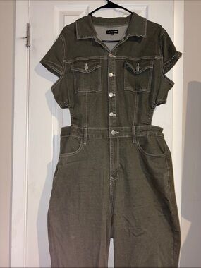 Fashion Nova Olive Green Short-Sleeve Denim Jumpsuit